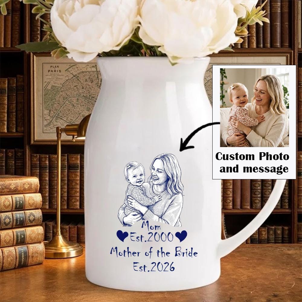 Gifts for Mother of the Bride, Personalized Photo Vase for Mom, Custom Wedding Gift for Mother From Daughter, Keepsake Picture Flower Vase