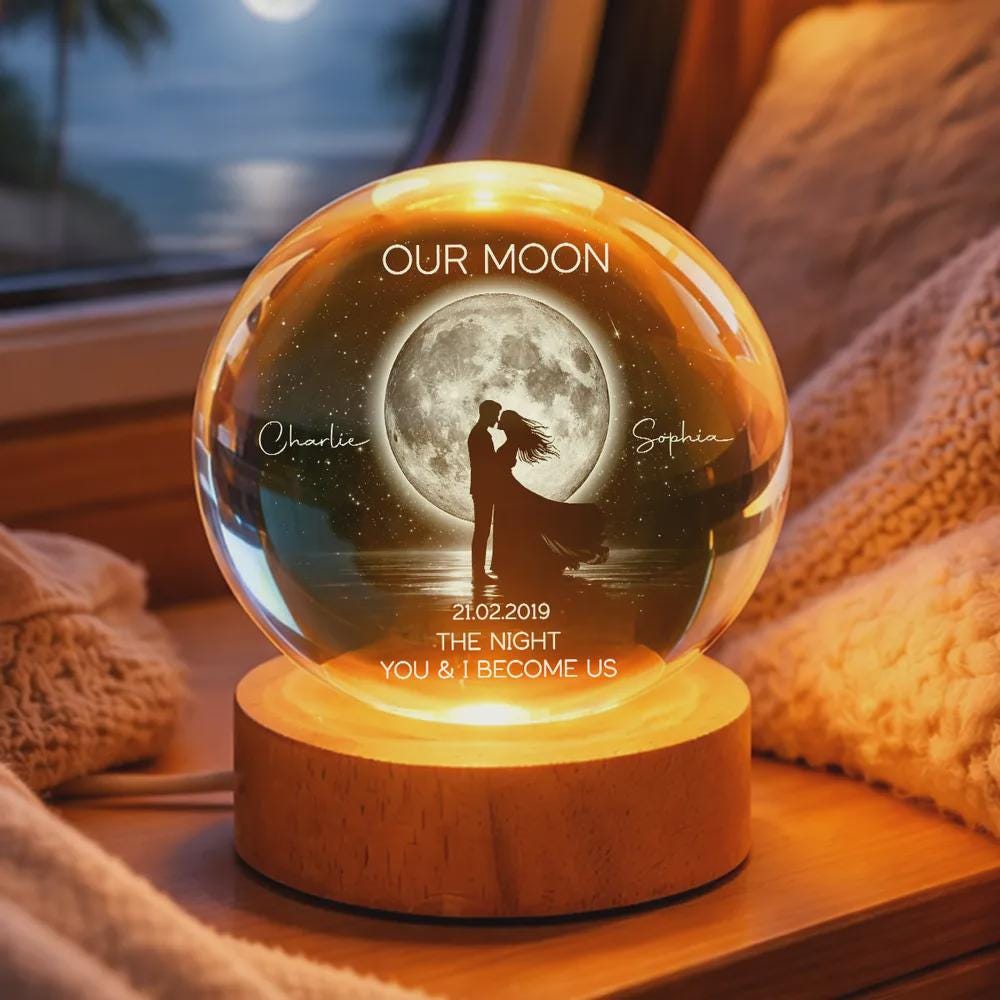 Personalized Moon Phase Crystal Ball Night Light, Couple Anniversary Gift, Customizable with your names or special date, USB powered with 4 lighting modes