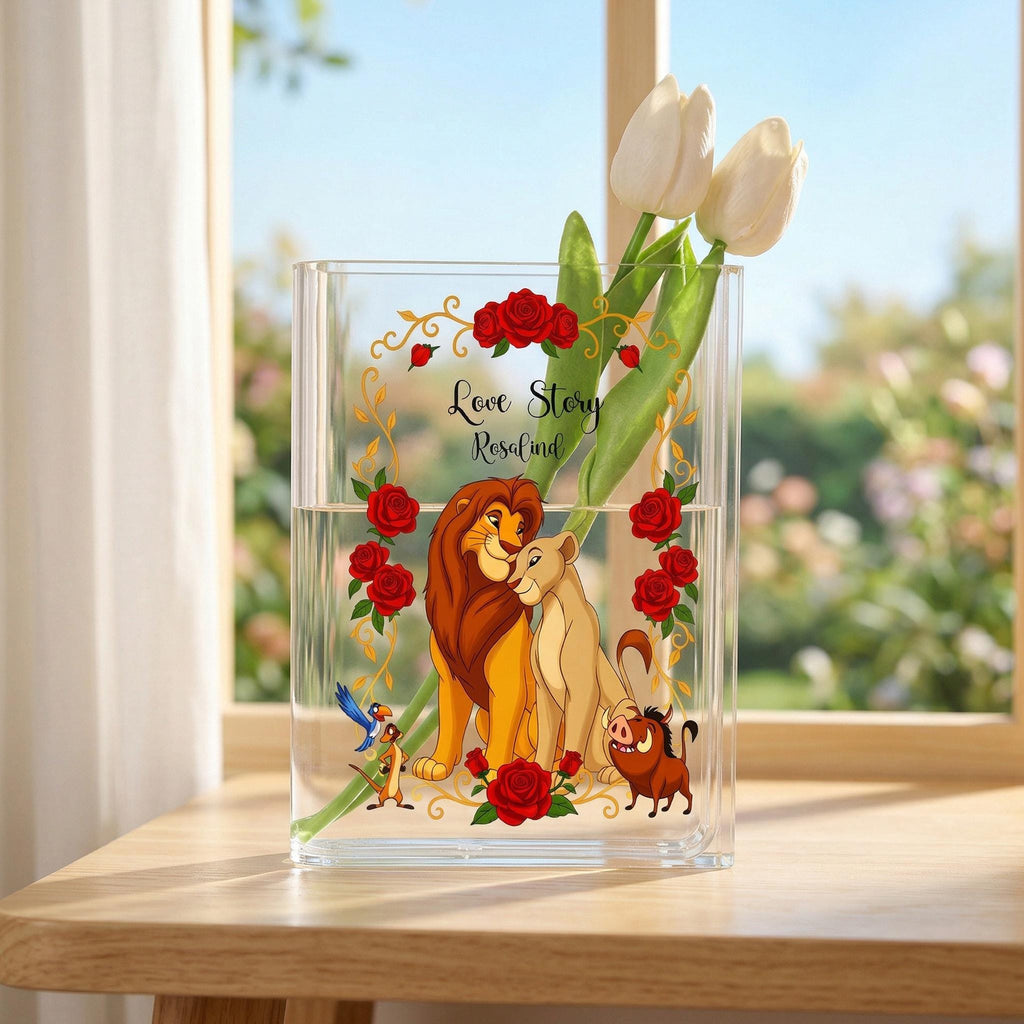 Lion King Acrylic Book Vase, Love Story Bookish Vase, Simba and Nala Book Shaped Vase, Magical Storybook Decor, Cartoon Gift for Book Lovers