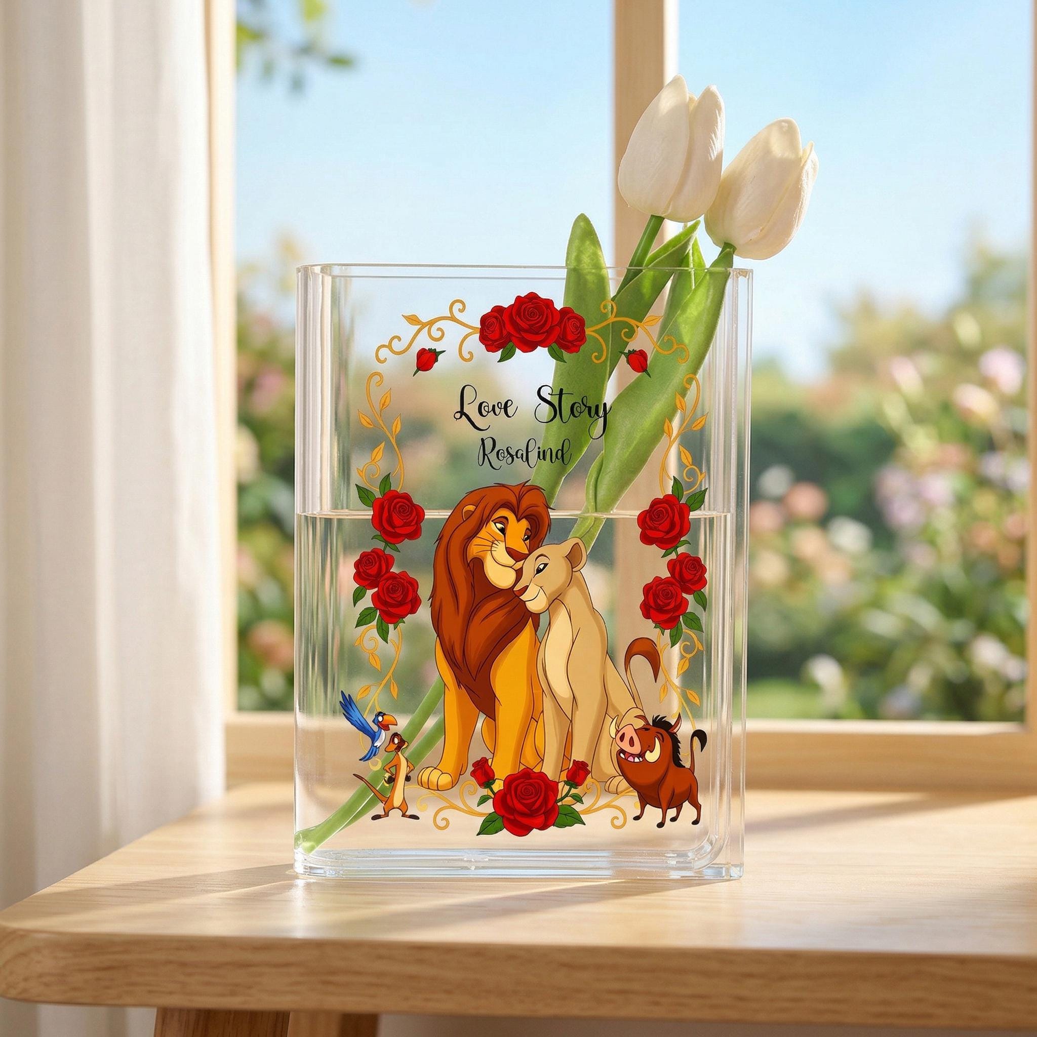 Lion King Acrylic Book Vase, Love Story Bookish Vase, Simba and Nala Book Shaped Vase, Magical Storybook Decor, Cartoon Gift for Book Lovers