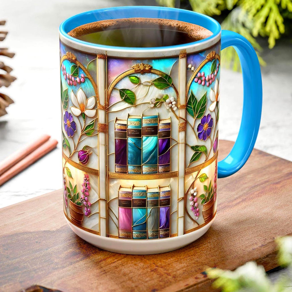 Floral Bookshelf Coffee Mug, Bookish Stained-glass Style Ceramic Mug, Book Lover Gift Mug 15oz