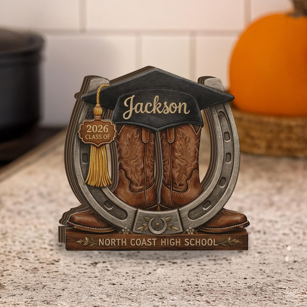 Personalized Graduation Wooden Block, Customized Cowboy Boots Keepsake, Class of 2026 Gift, Custom Name Graduate Decor