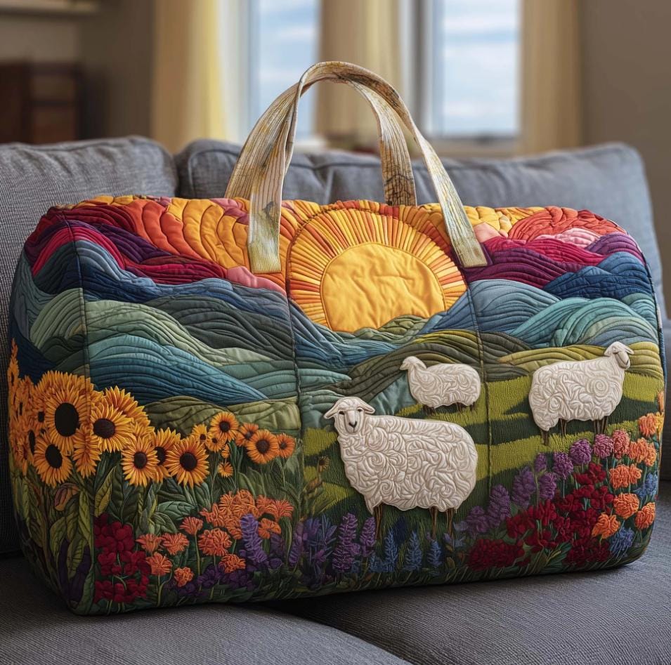 Sun Meadow Quilted Duffle Bag_ Sheep Travel Weekender Bag, Cute Weekender Duffel Gift for Her, Sheep Shoulder Bag, Gift for Mom