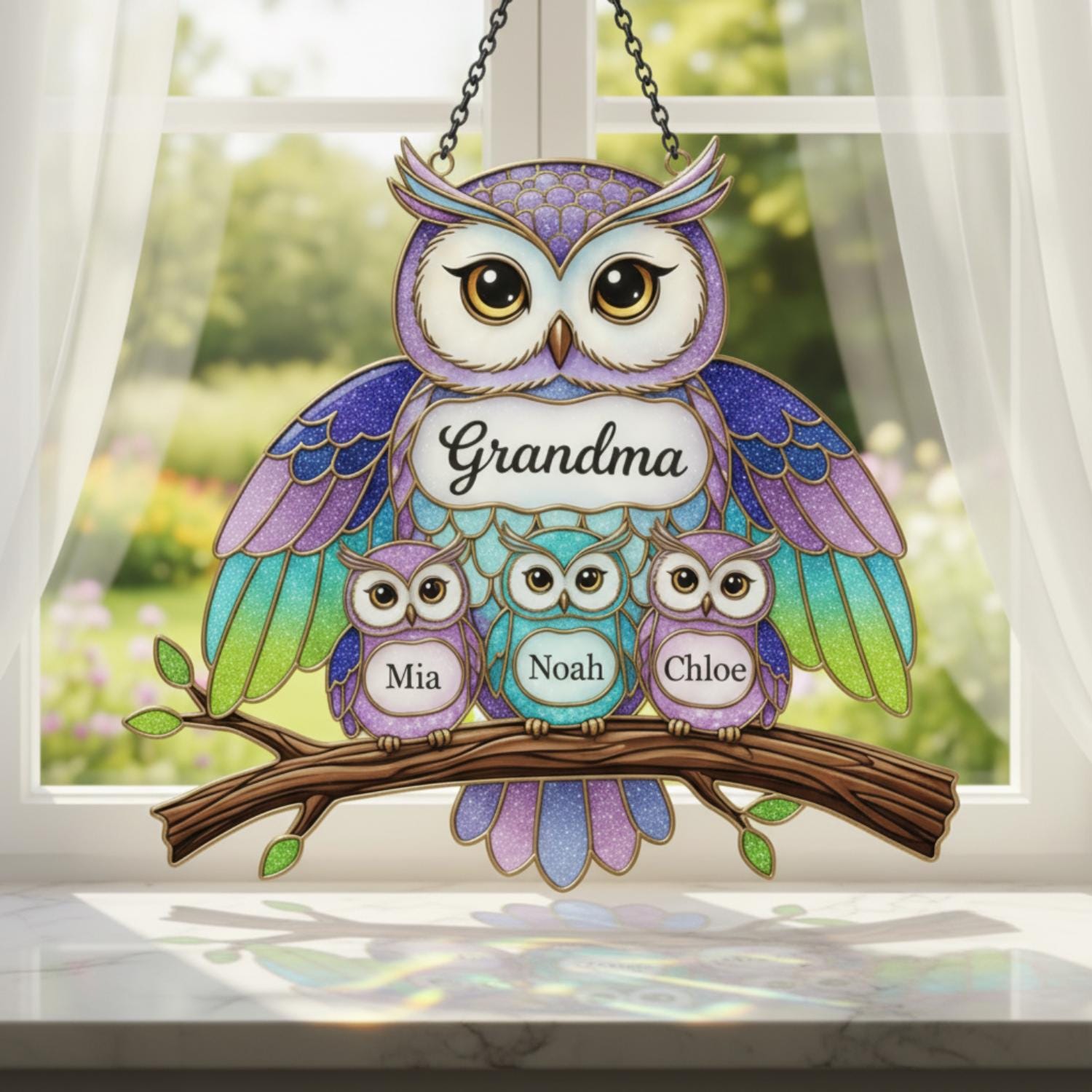 Personalized Owl Family Suncatcher, Custom Name Grandma Owl Acrylic Window Art, Faux Stained Glass Bird Decor, Mother's Day Gift