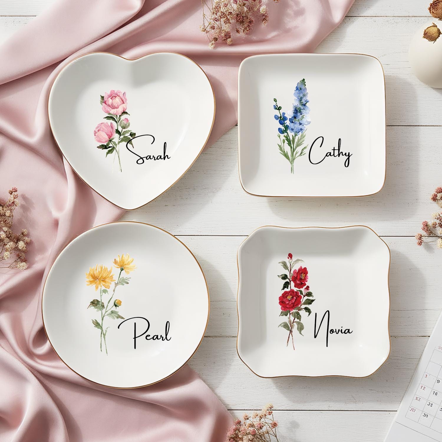 Personalized Birth Flower Trinket Dish, Custom Watercolor Flower Ring Dish, Wedding Bridesmaid Gift, Birthday Jewelry Dish, Christmas Gifts