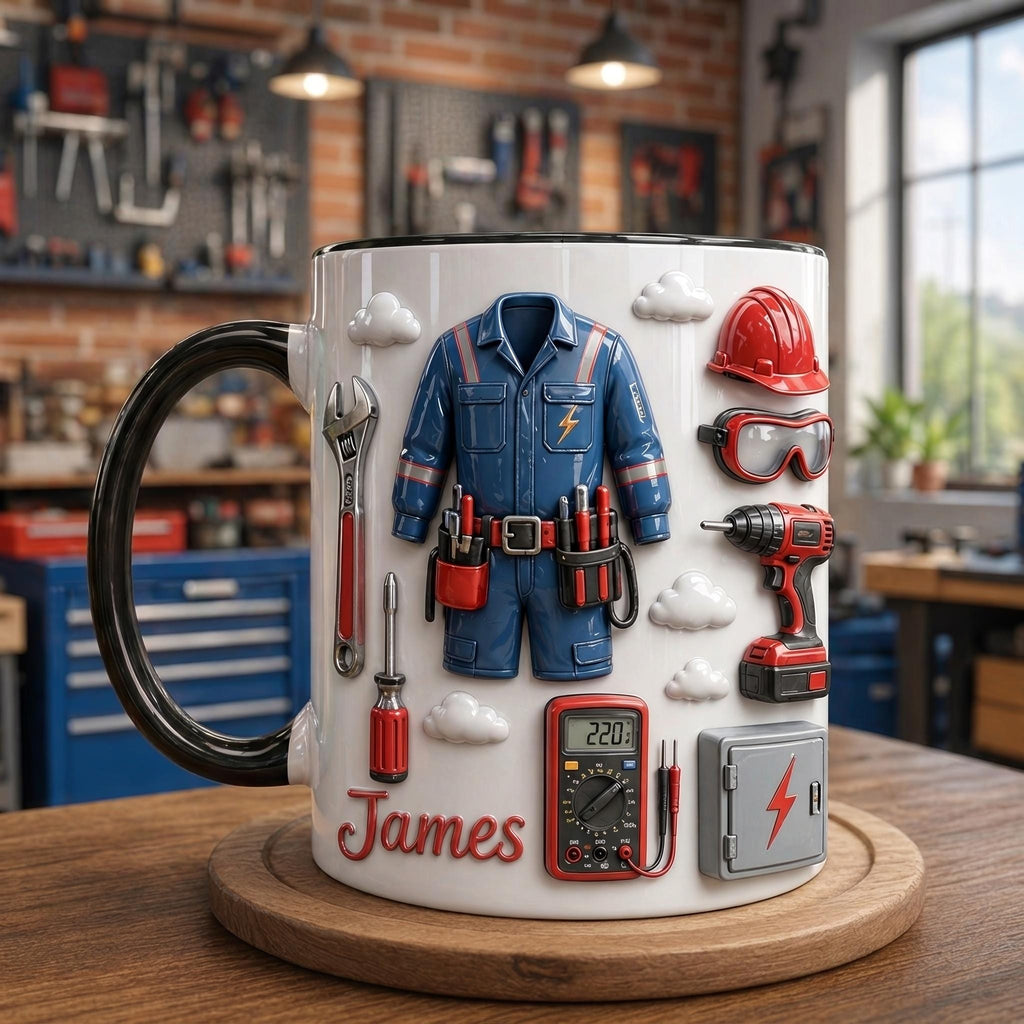Personalized Electrician Mug, Custom Name Tradesman Mug, Electrician Gift, Handyman Coffee Cup for Men, Lineman Gift