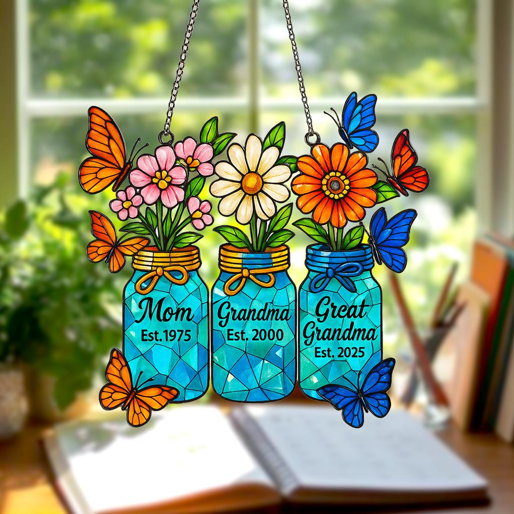 Generations Floral Jar Hologram Ornament _ Mom Grandma Great Grandma Gift _ Mother's Day Window Decor _ Family Legacy Keepsake, Gift for Her