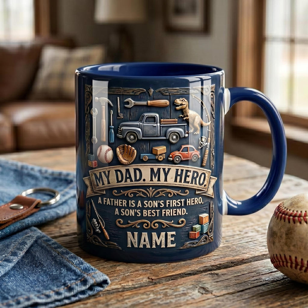 Personalized My Dad My Hero Mug, Faux 3D Effect Ceramic Cup, Custom Father’s Day Coffee Mug, Dad Appreciation Gift