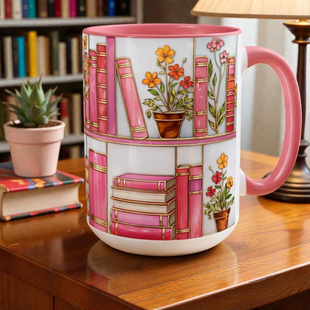 Custom Flower Books Ceramic 11oz Mug, Print Faux Stained Glass Bookshelf Mug, Book Lover Coffee Cup, Aesthetic Bookish Mug, Book Reader Gift