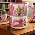 Custom Flower Books Ceramic 11oz Mug, Print Faux Stained Glass Bookshelf Mug, Book Lover Coffee Cup, Aesthetic Bookish Mug, Book Reader Gift