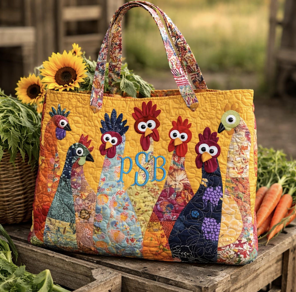 Custom Embroidered Funny Chickens Shoulder Bag With Name, Personalized Quilted Bag, Gift for Farmer, Gift for Chicken Lover, Gardener Gift