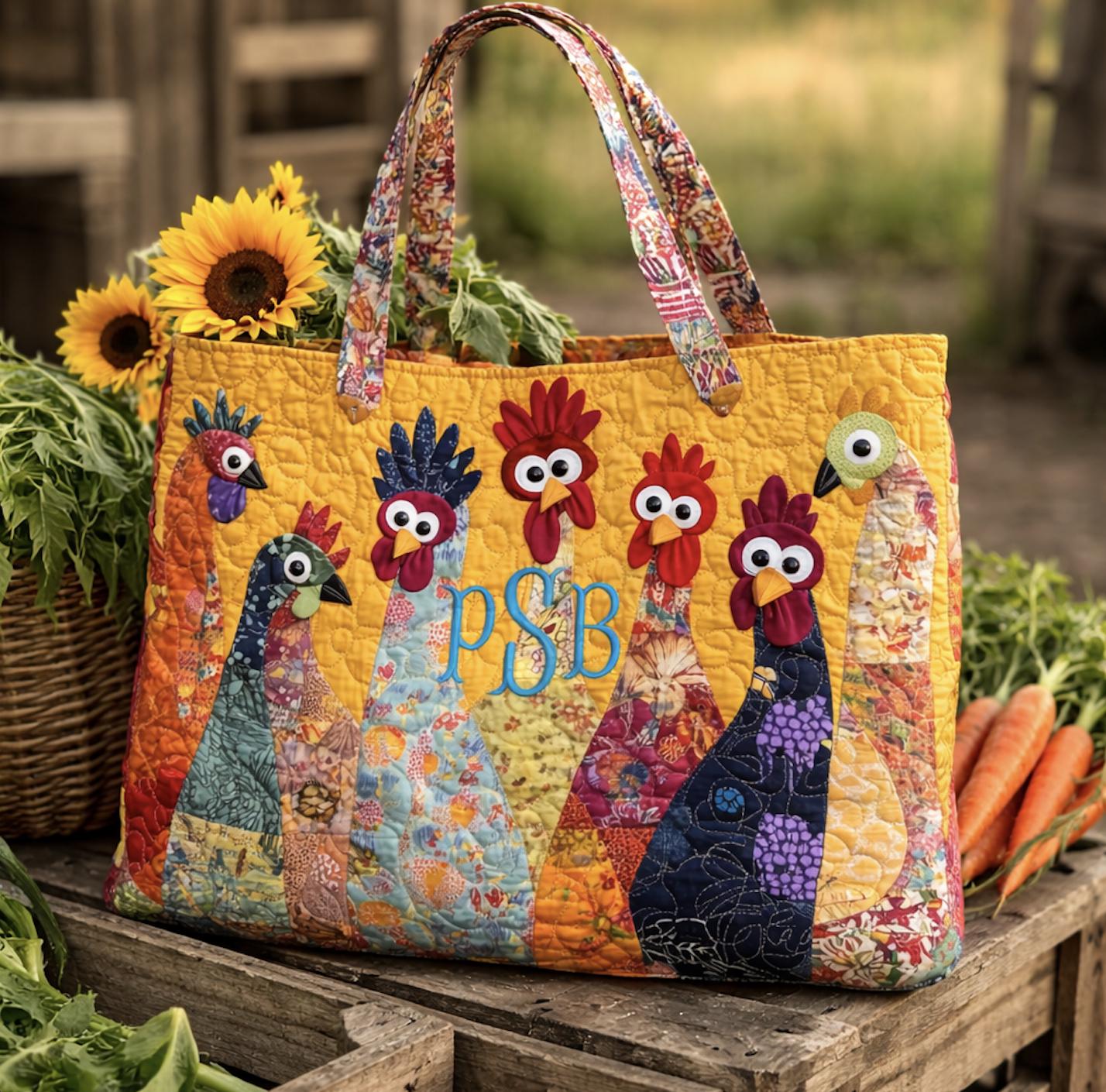 Custom Embroidered Funny Chickens Shoulder Bag With Name, Personalized Quilted Bag, Gift for Farmer, Gift for Chicken Lover, Gardener Gift