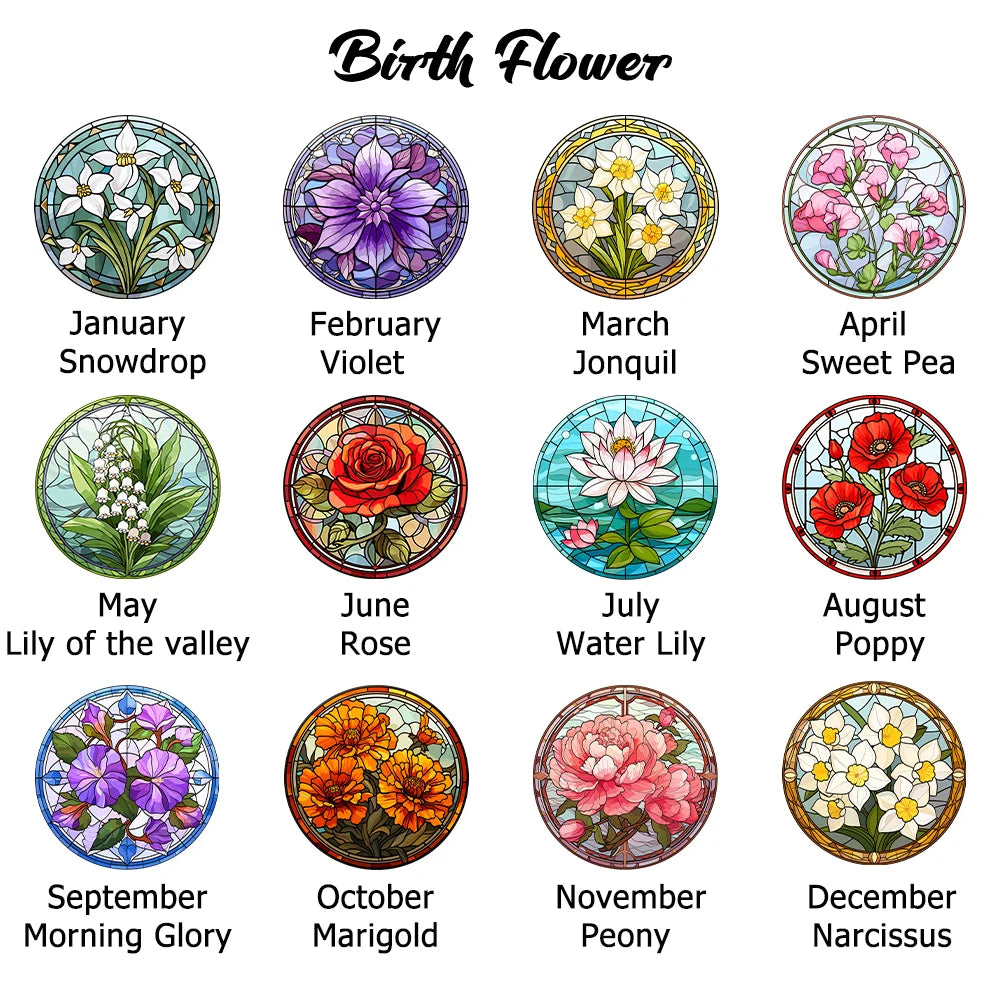 Personalized Birth Flower Stained Glass Round Mini Pill Box with Name & Mirror – Birthday Gift for Friends & Family