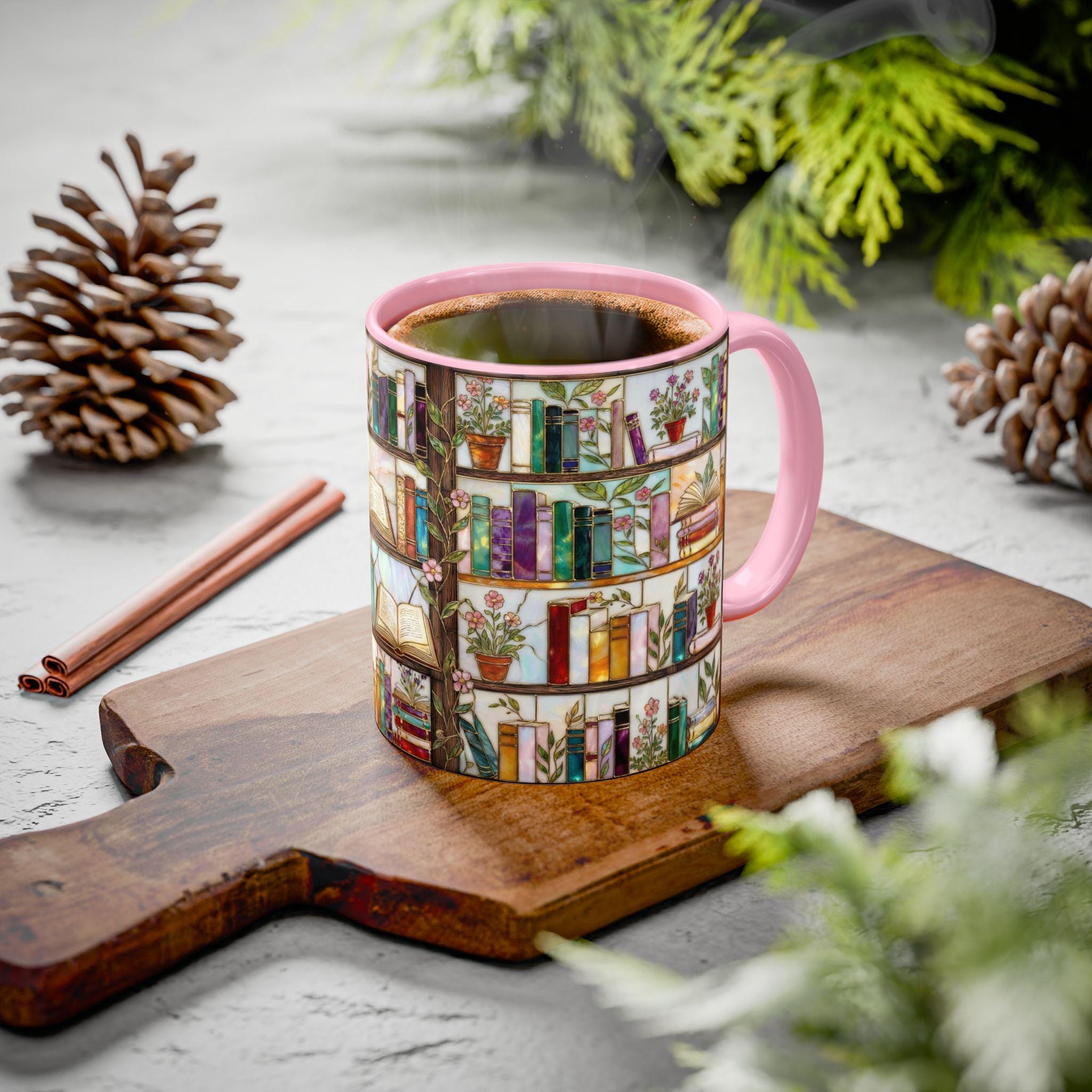 Book Lover Coffee Mug, Bookshelf Design Ceramic Mug, Vintage Library Bookish Cup, Gift for Readers