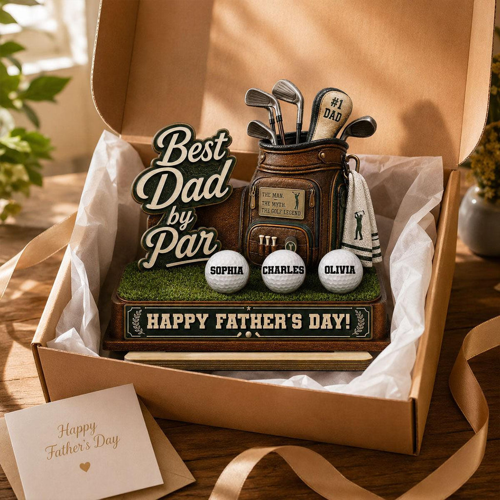 Best Dad by Par Custom Kid Name 2-layered Wooden Plaque - Father's Day Gift for Golf Dad, Husband From Son Daughter
