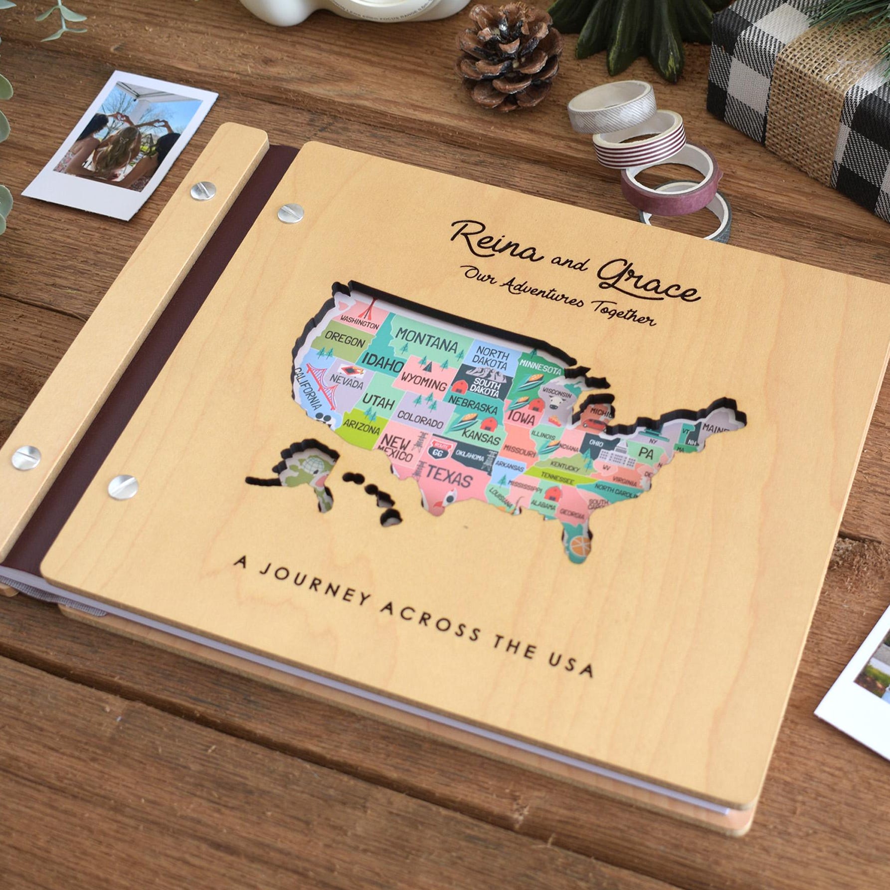 USA Map Adventure Book, US Travel Map Scrapbook Gift for Him, 50 States Travel Journal, Gift for Traveler, Unique Christmas Gift for Her