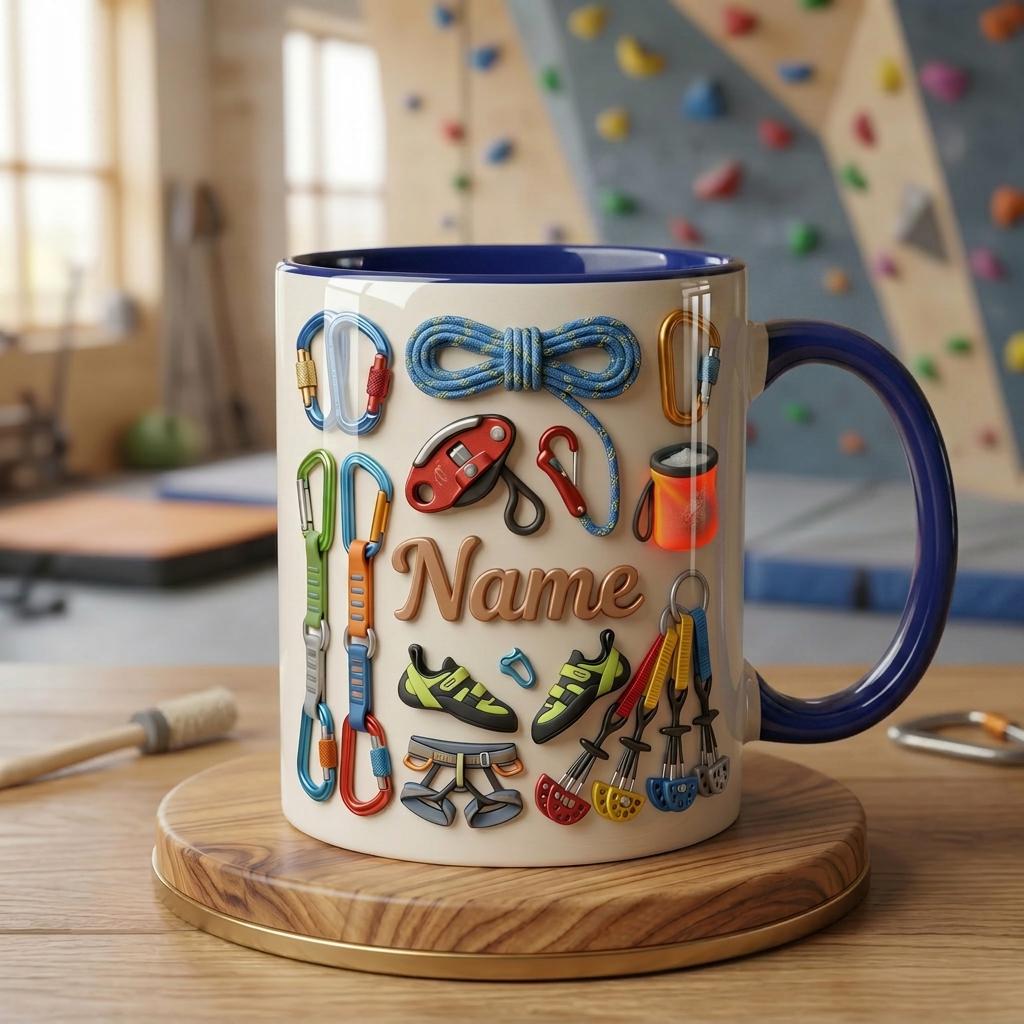 Custom Name Rock Climbing Mug, 3D Faux Climbing Coffee Cup, Personalized Climber Gift, Mountain Adventure Mug