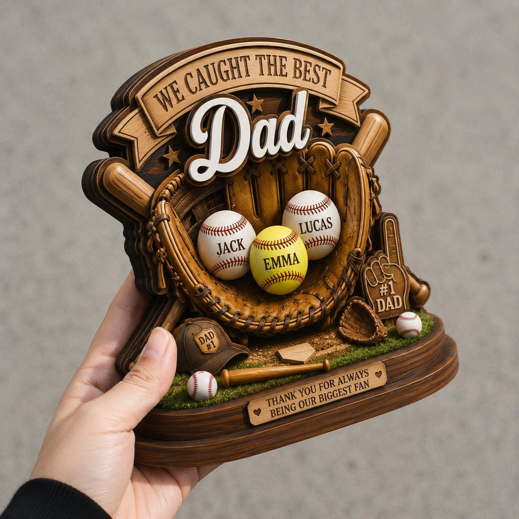 Personalized 2D Flat Baseball Wooden Plaque, I Caught the Best Dad Gift, Kids Name Baseball Softball Sign for Dad