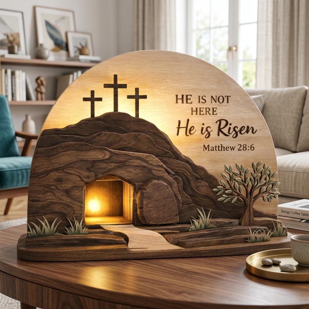 He is Risen Easte Wooden Block, Christian Resurrection Table Sign, Religious Home Decor Gift, Empty Tomb Cross Wood Shelf