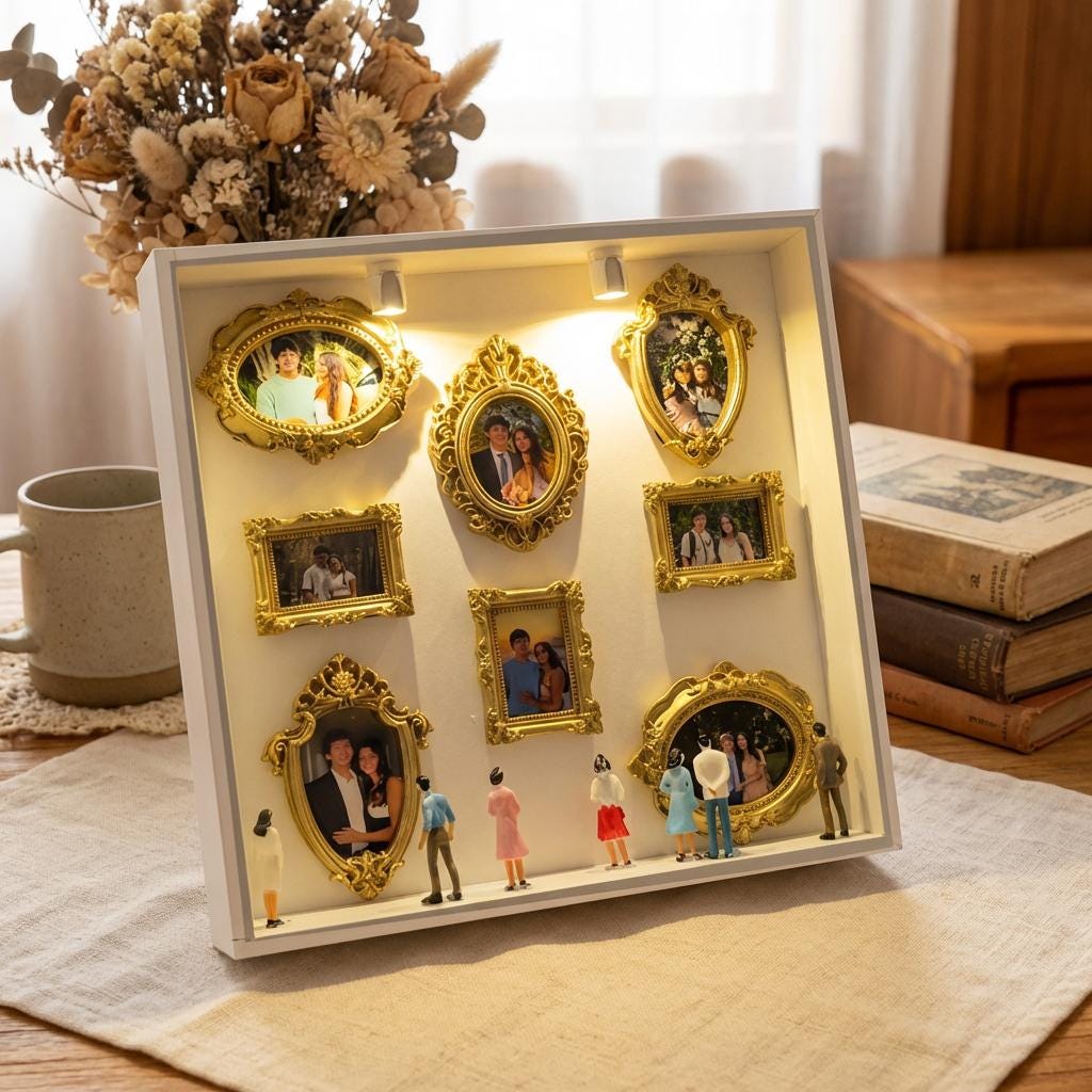 DIY Mini Museum Silhouette Box, LED Lighted Photo Shadow Box, Gold Vintage Frames with Mini Figurines, Personalized Memory Display Box,