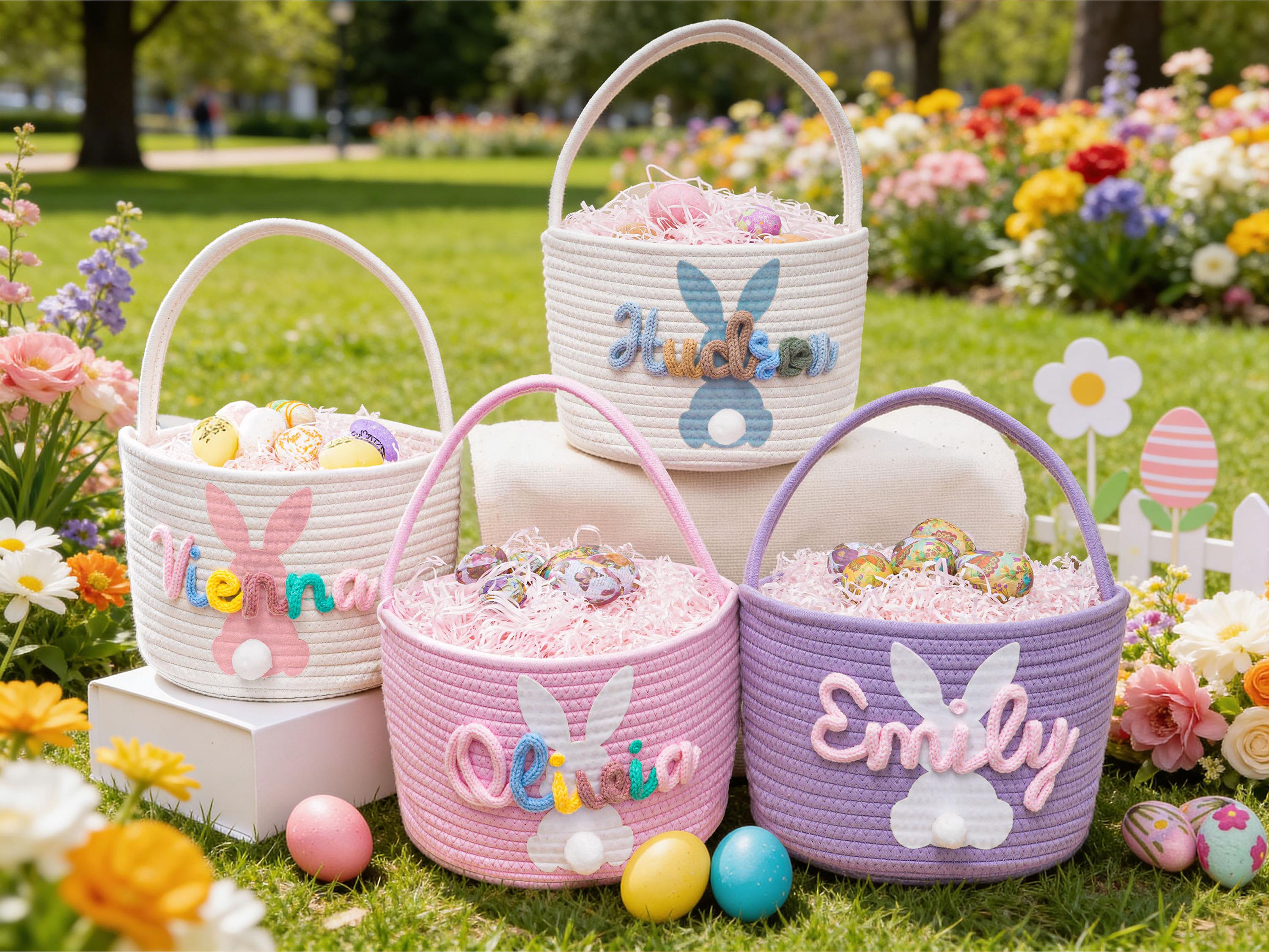 Personalized Bunny Easter Basket, Custom Name Baby Easter Gift Basket, Easter Egg Hunt Basket, Cotton Rope Storage Basket, Easter Bucket