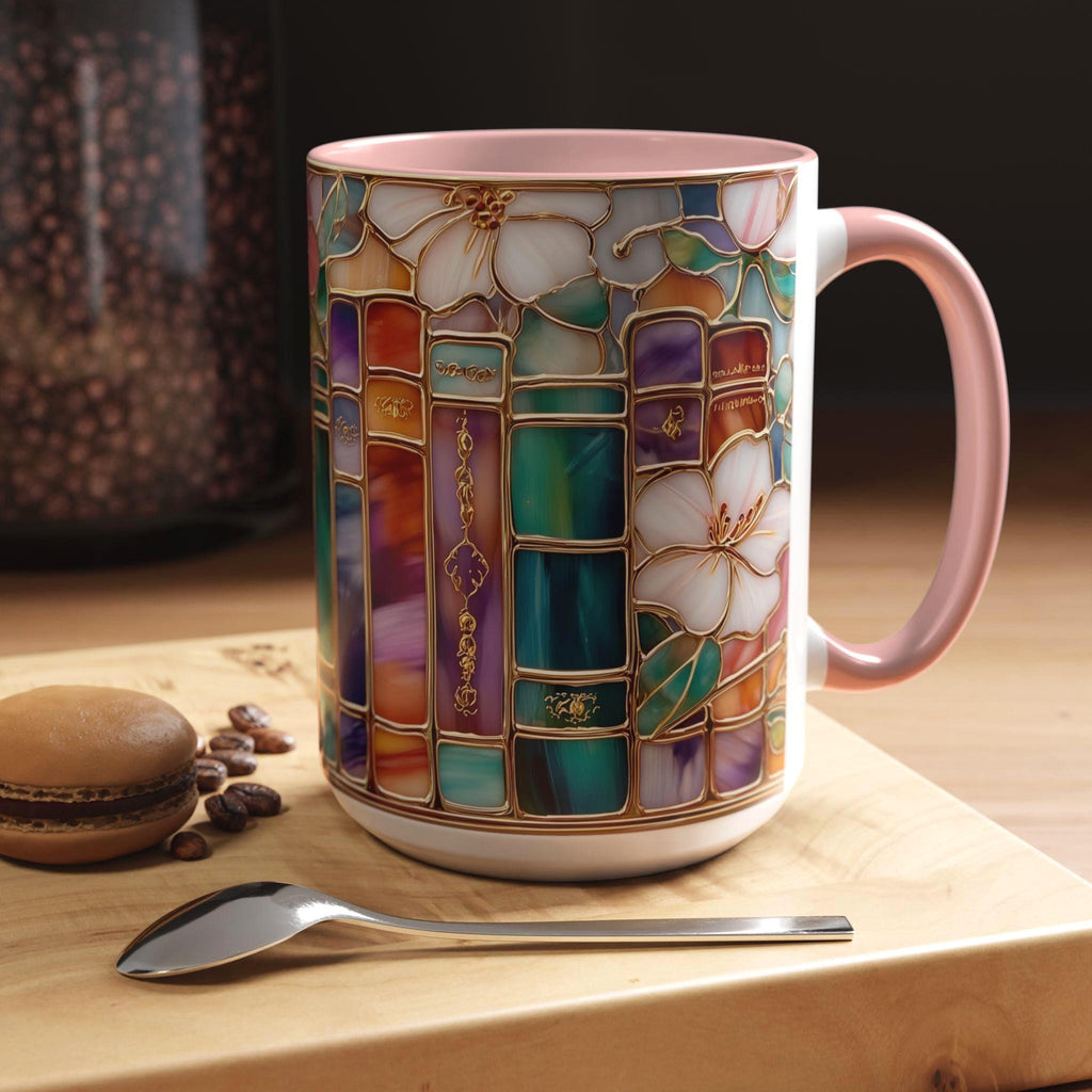 Stained Glass Print Book Mug_ Floral Library Coffee Cup, Book Lover Reading Nook Gift