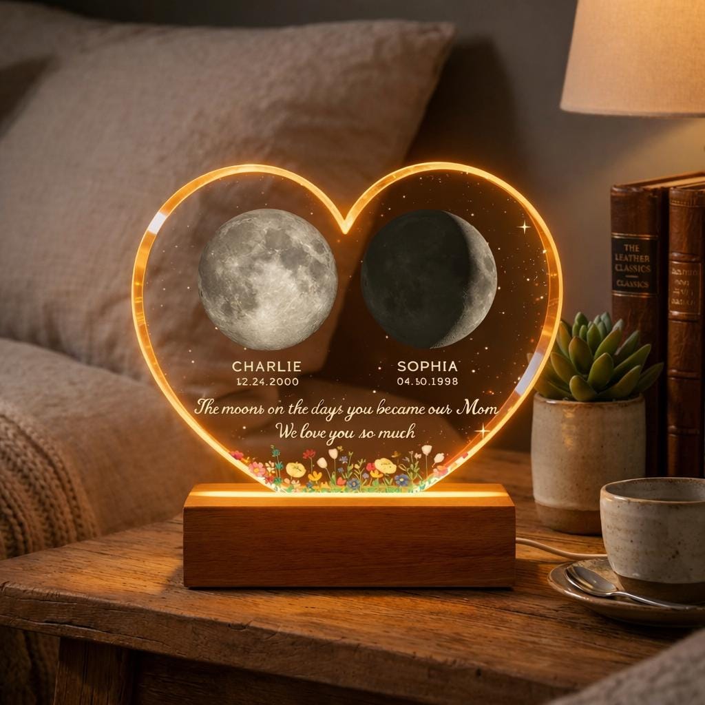 The Days You Became Our Mom, Custom Moon Phase by Date - Personalized Acrylic LED Night Light in heart shape - Heartfelt Mother's Day Gift for Mom