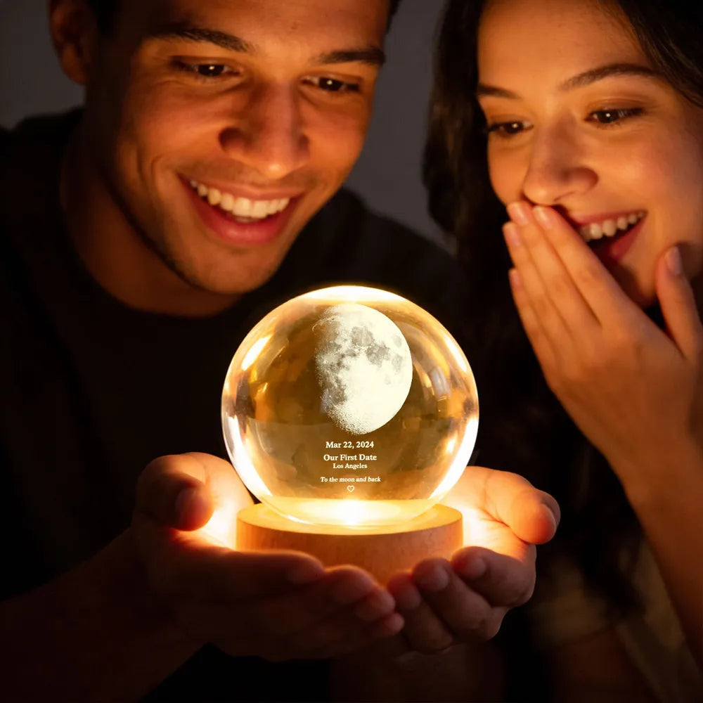 Couple Love to the Moon and Back Moon Phase by Date - Personalized Cry, Personalized Crystal Ball LED Night Light, Valentine's Day Gift For Couple, Husband, Boyfriend, Wife