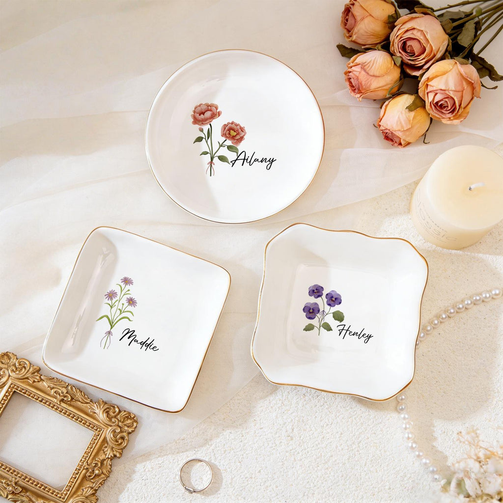 Personalized Birth Flower Trinket Dish, Custom Watercolor Flower Ring Dish, Wedding Bridesmaid Gift, Gift for Friends, Birthday Gift for Her