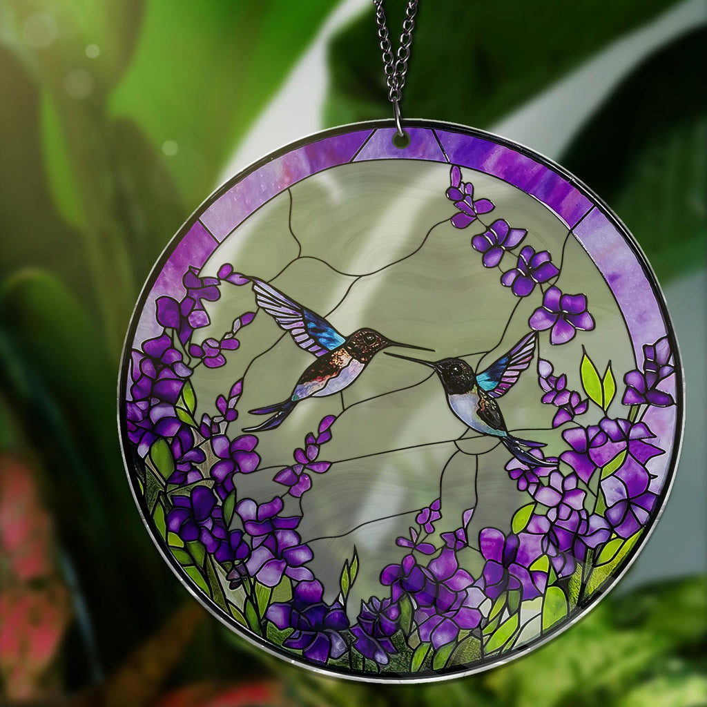 Hummingbirds Among Lavender Flowers ACRYLIC Window Hanging Hummingbird Stained Glass EFFECT Wall Art Gifts for Women Acrylic