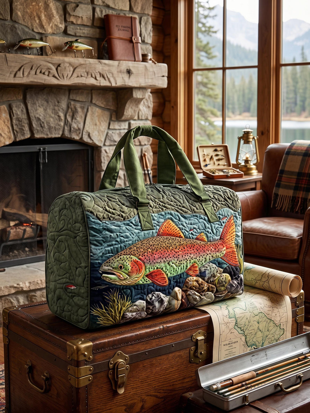 Fishing Quilted Duffle Bag – Rustic Cabin Angler Travel Weekender Tote, Outdoor Lake Adventure Overnight Bag, Fisherman Gift