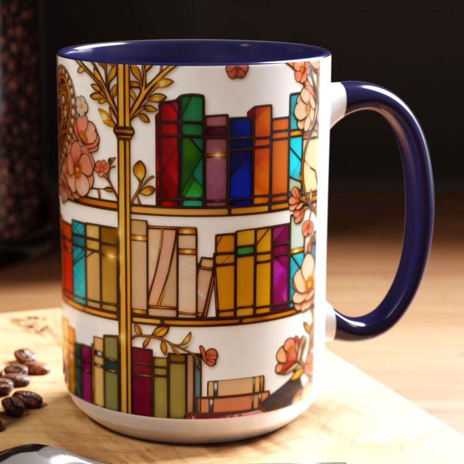 Stained Glass Bookshelf Mug, Romantic Floral Book Lover Coffee Cup, Luxury Reader Gift