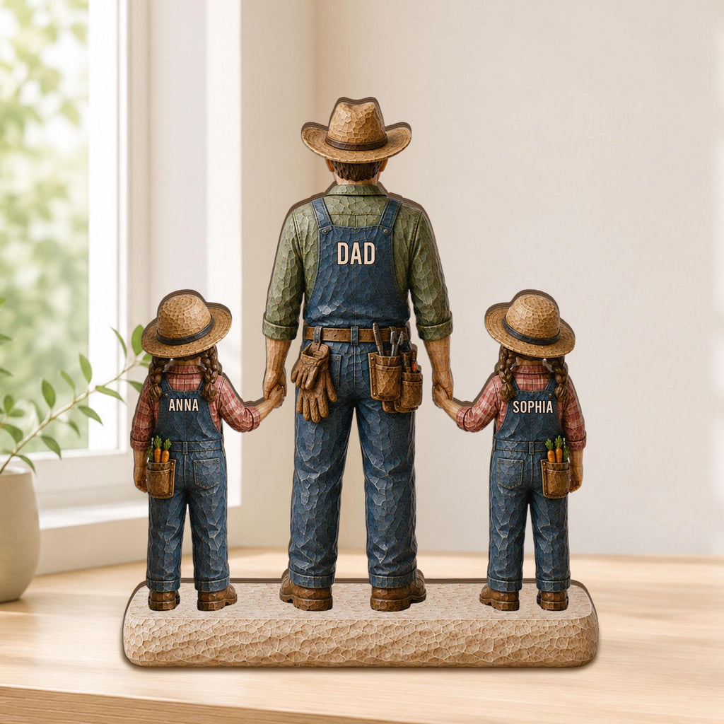 Personalized Farmer Dad Wooden Block, Custom Dad With Kids Wooden Block, Father’s Day Gift for Farmer Dad, Dad Keepsake Gift