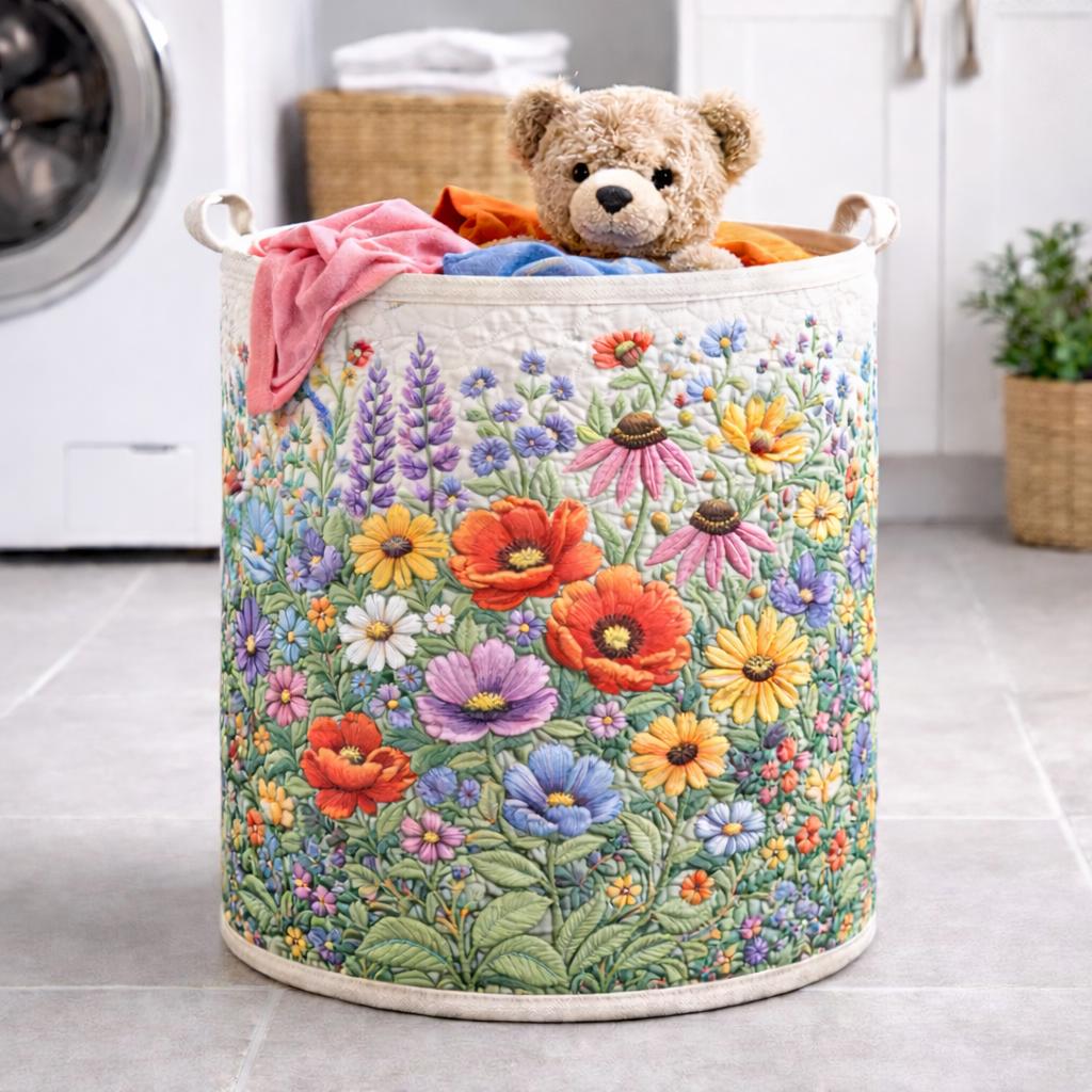 Quilted Laundry Basket With Floral, Fabric Storage Hamper, Colorful Flower Design for Laundry Room, Decorative Laundry Basket