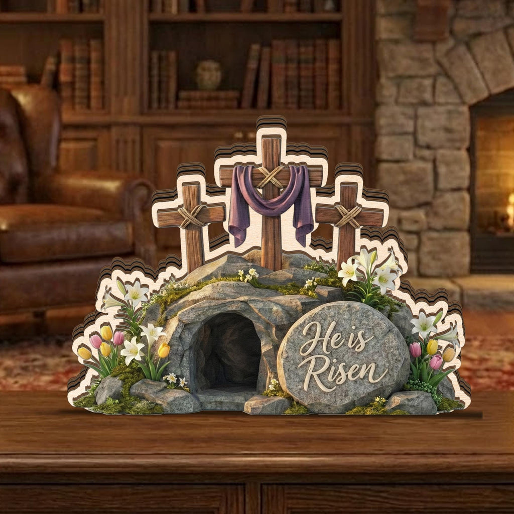 Personalizable He is Risen Easter Decor, CUSTOMIZABLE Christian Resurrection Cross Tomb Sign, Religious Spring Home Display, Faith Gift