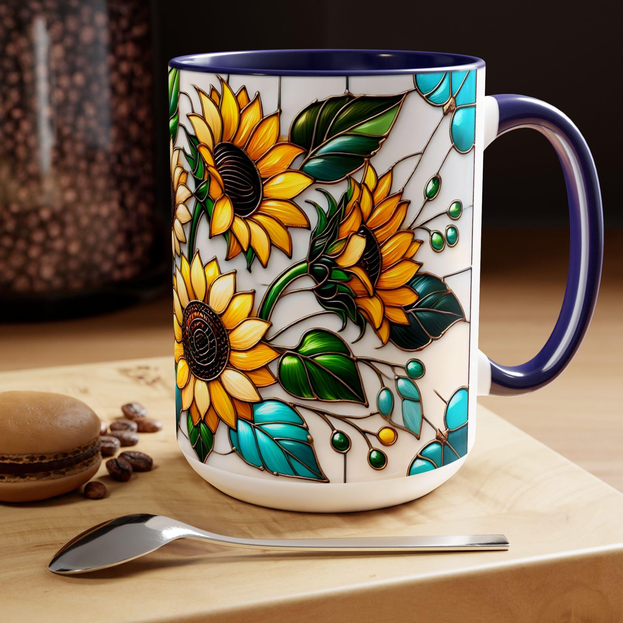 Sunflower Mug, Stained Glass Style Coffee Cup, Sunflower Coffee Mug, Sunflower Gifts for Women Mom Nana Sister, Christmas Gifts 15oz
