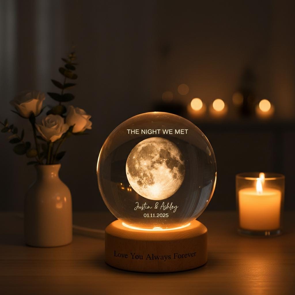 Our Moon Special Day Custom Moon Phase, Personalized Crystal Ball LED Night Light, Valentine's Day Gift for Couple, Husband, Boyfriend, Wife