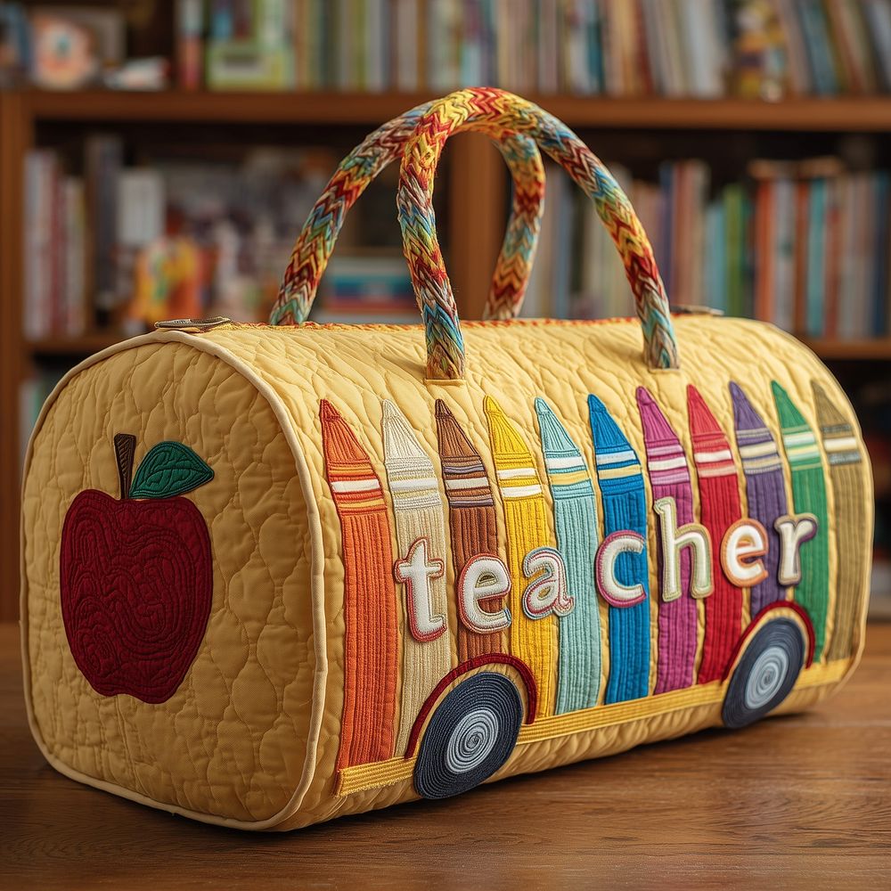 Personalized Teacher Quilted Duffel Bag, Colorful Crayon Travel Bag, Teacher Appreciation Gift, Back to School Overnight Bag, Custom Name Tote