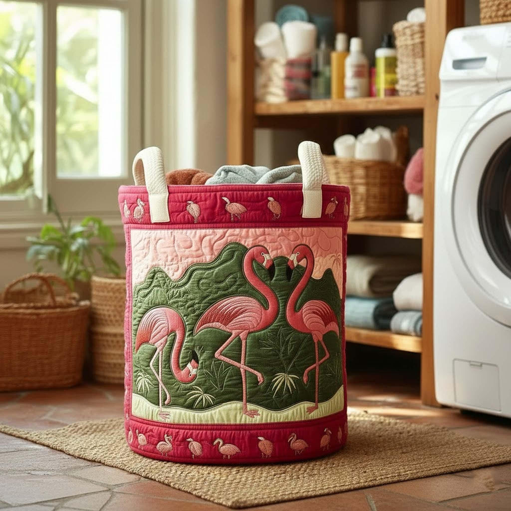 Flamingo Quilted Laundry Basket Hamper, Tropical Pink Bird Clothes Storage Bin, Large Dirty Laundry Organizer, Gift for Her Beach Lover