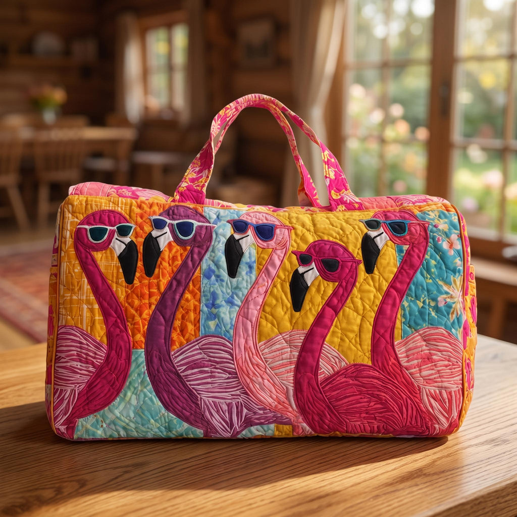 Quilted Flamingo Duffle Bag – Tropical Travel Weekender Tote, Vacation Overnight Bag, Summer Beach Duffel Gift for Women