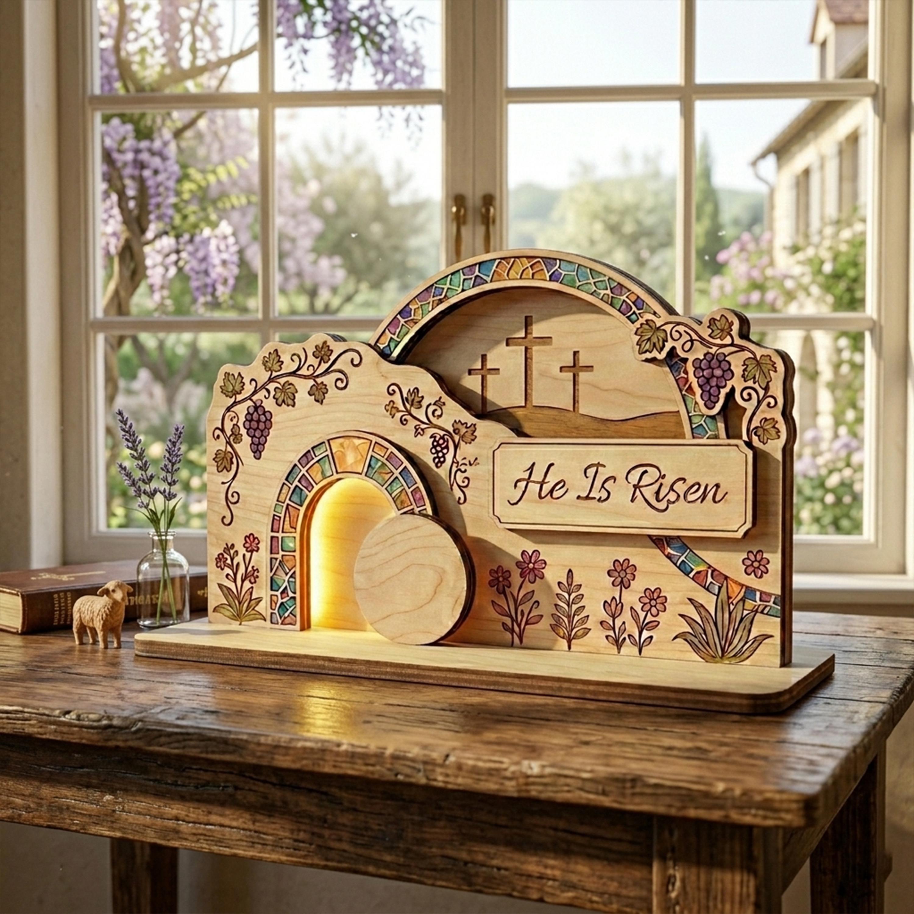 He is Risen Wooden Block Decor – Empty Tomb Resurrection Scene, Christian Easter Sign, Christian Home Display, Religious Bible Verse Gift