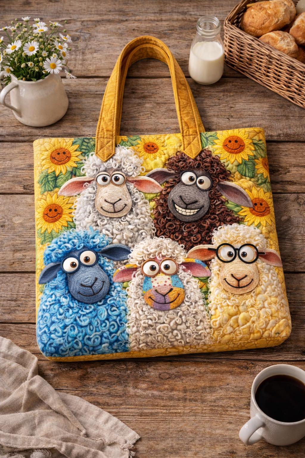 Quilted Sheep Tote Bag, Colorful Illustration Padded Shoulder Bag, Animal Lover Gift , Tote Bag Gift for Women