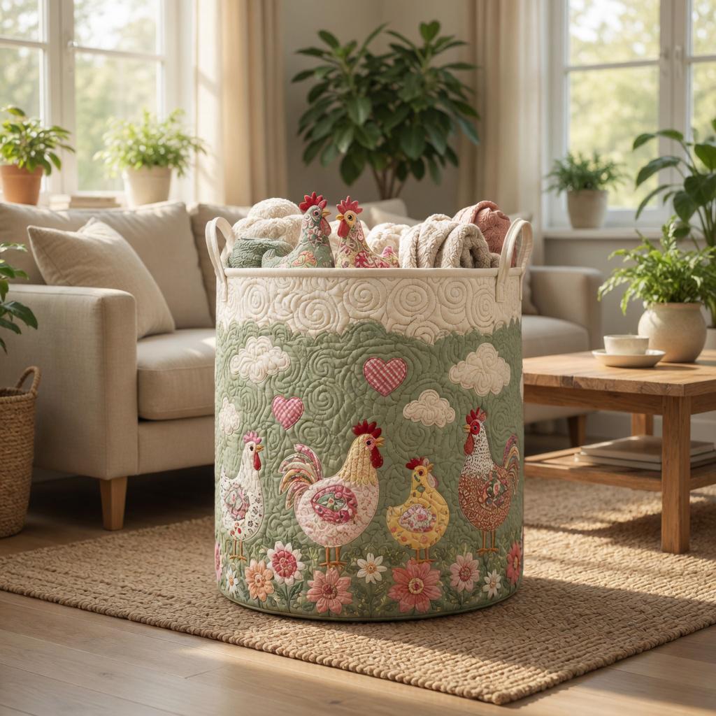 Farmhouse Chicken Quilted Laundry Basket, Rustic Rooster Hamper, Cottagecore Storage Bin, Country Home Organizer