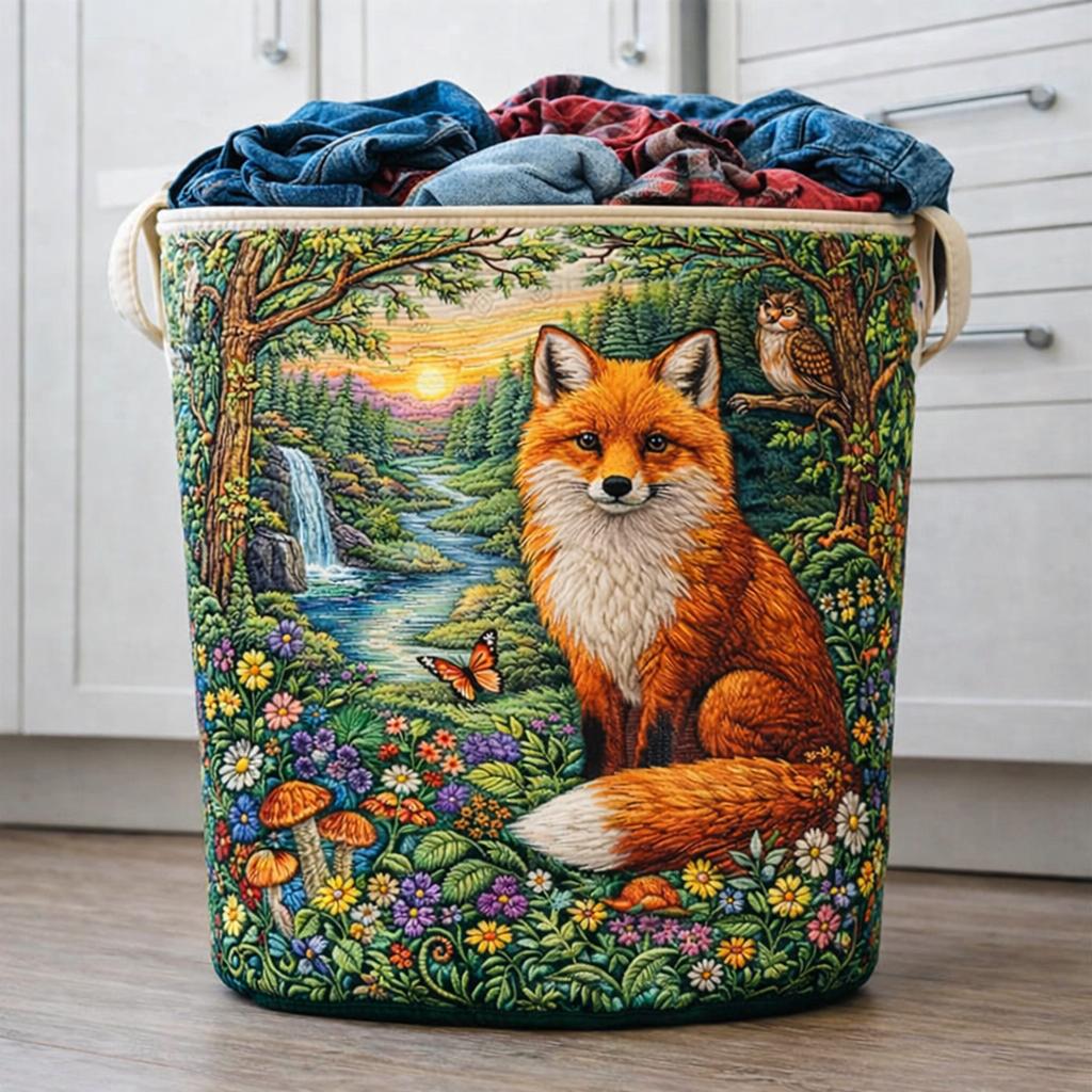 Fox Forest Quilted Laundry Basket, Woodland Animal Storage Bin, Nature Art Hamper, Cottagecore Laundry Organizer, Rustic Home Decor