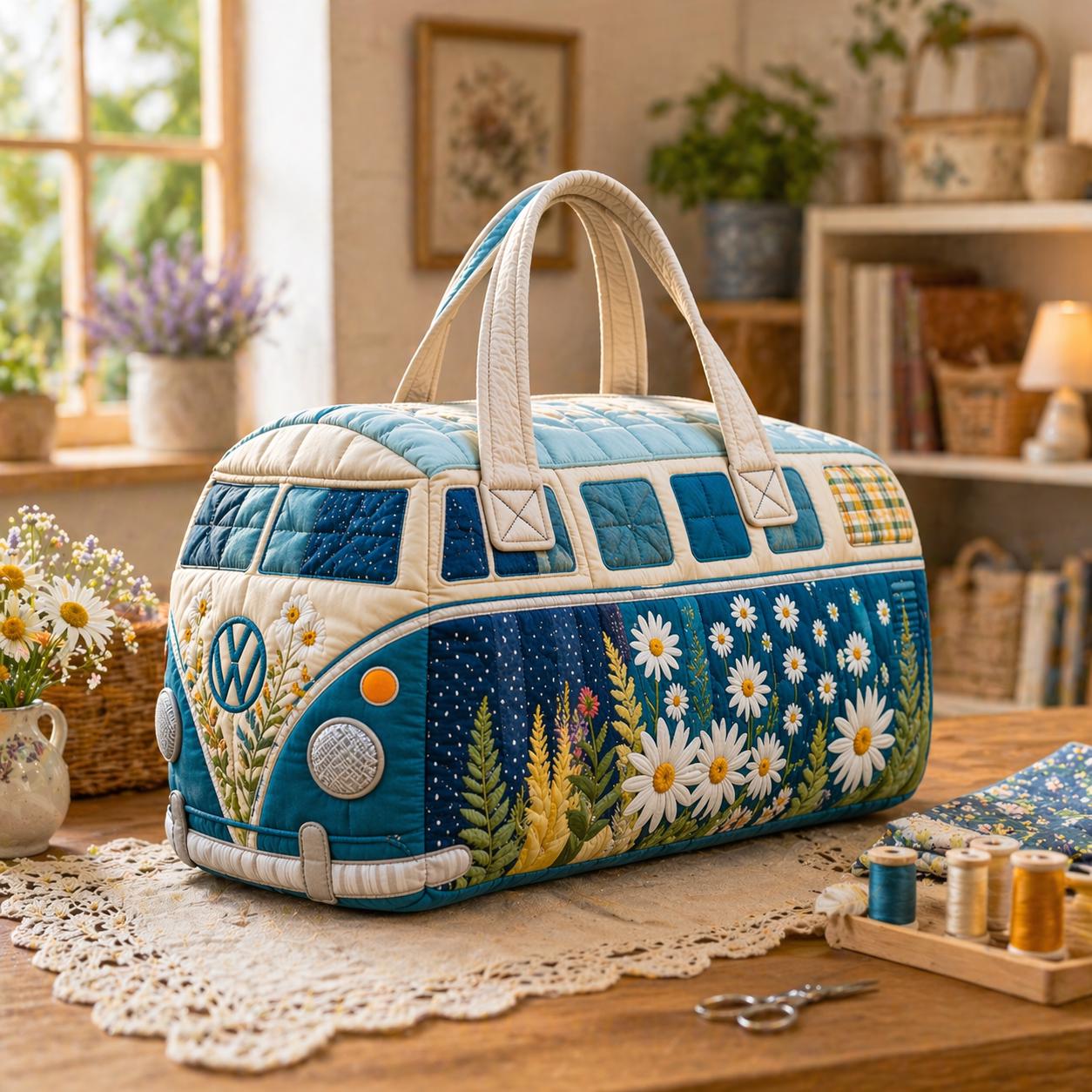Blue Daisy Camper Van Quilted Duffle Bag, Cottagecore Travel Tote, Retro Overnight Bag