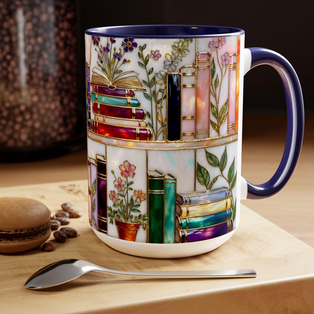 Stained-Glass Style Floral Bookshelf Mug, Book Lover Gift, Bookish Mug, Library Cup 11oz 15oz, bookshelf mug gift