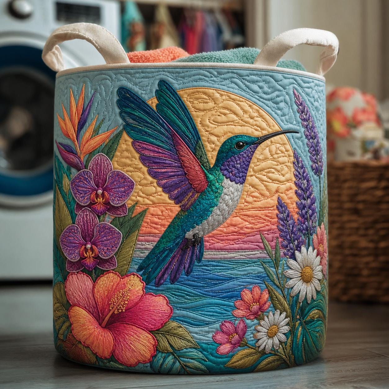 Hummingbird Heaven Quilted Laundry Basket, Bird Laundry Room Decor, Soft Fabric Hamper, Bird and Flower Field Hamper, Gift for Mom