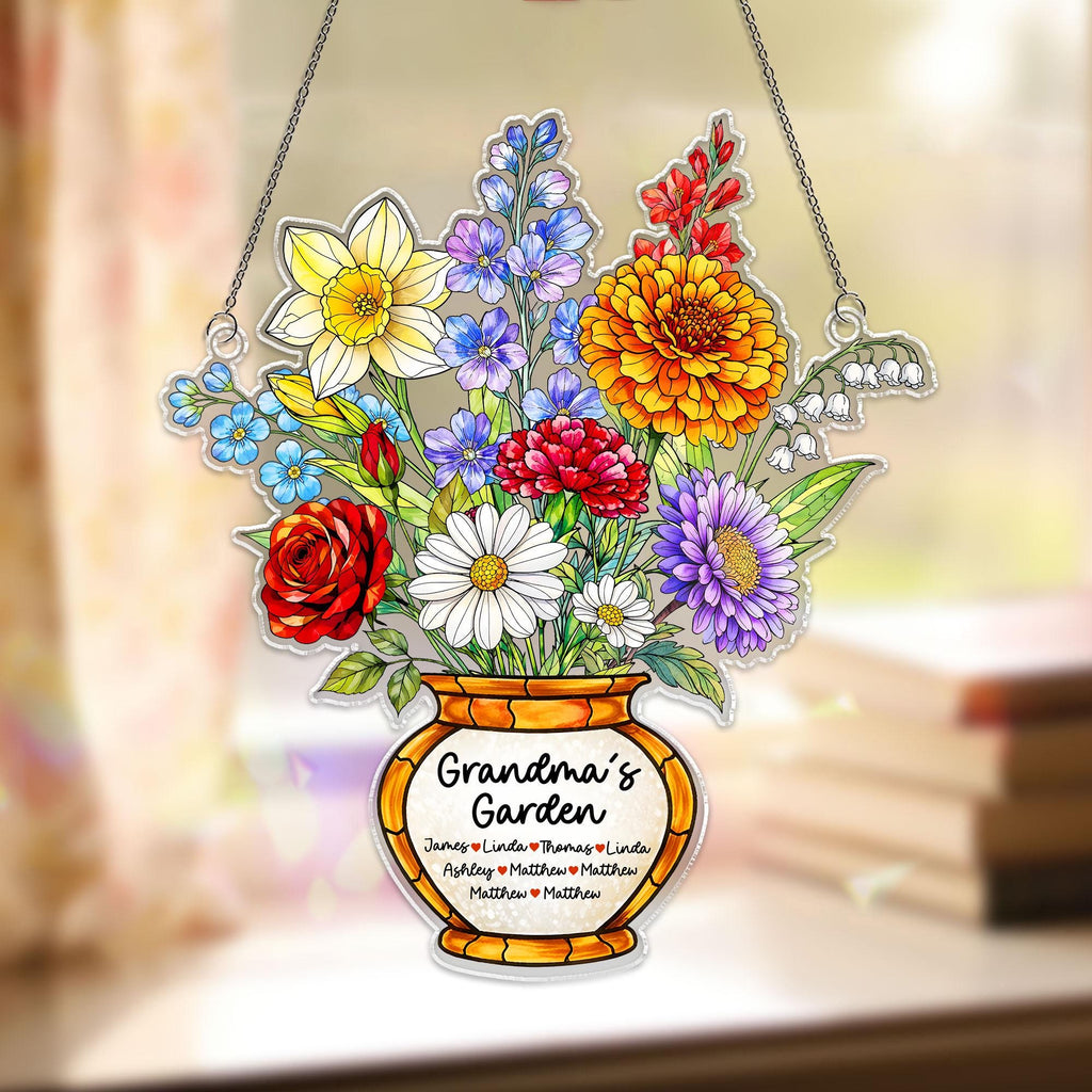 Personalized Grandma's Garden Acrylic Suncatcher, Birth Month Flower Window Hanging, Gift for Mom Grandma, Birth Month Decor, Birthday Gift