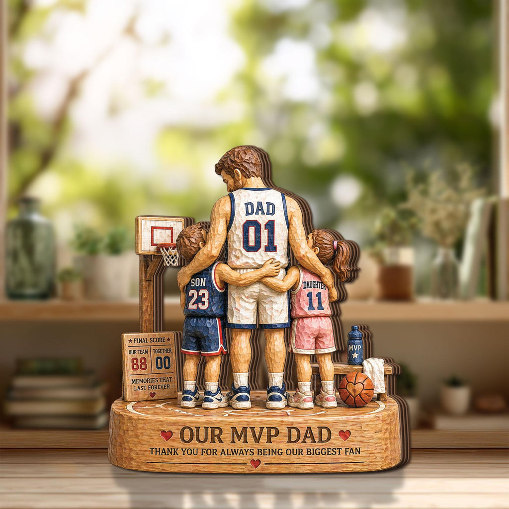 Personalized Basketball Dad Wooden Block, Our MVP Dad Keepsake Gift, Custom Father and Kids Sports Family Decor