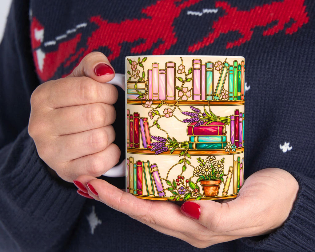 Stained Glass Floral Bookshelf Mug, Colorful Bookish Reader Coffee Cup, Book Lover Gift, Gift for Booktoker, Cozy Reading Nook Decor